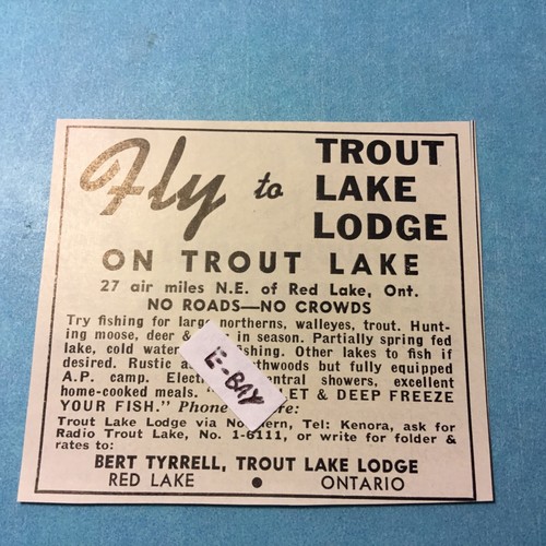 Trout Lake lodge. Red Lake, Ontario. Bert Terrell. Rare 1965 Ad. eBay