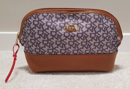 DKNY Brown/Beige Cosmetic Makeup Pouch Travel Bag LOGO Top Zip - Picture 1 of 8