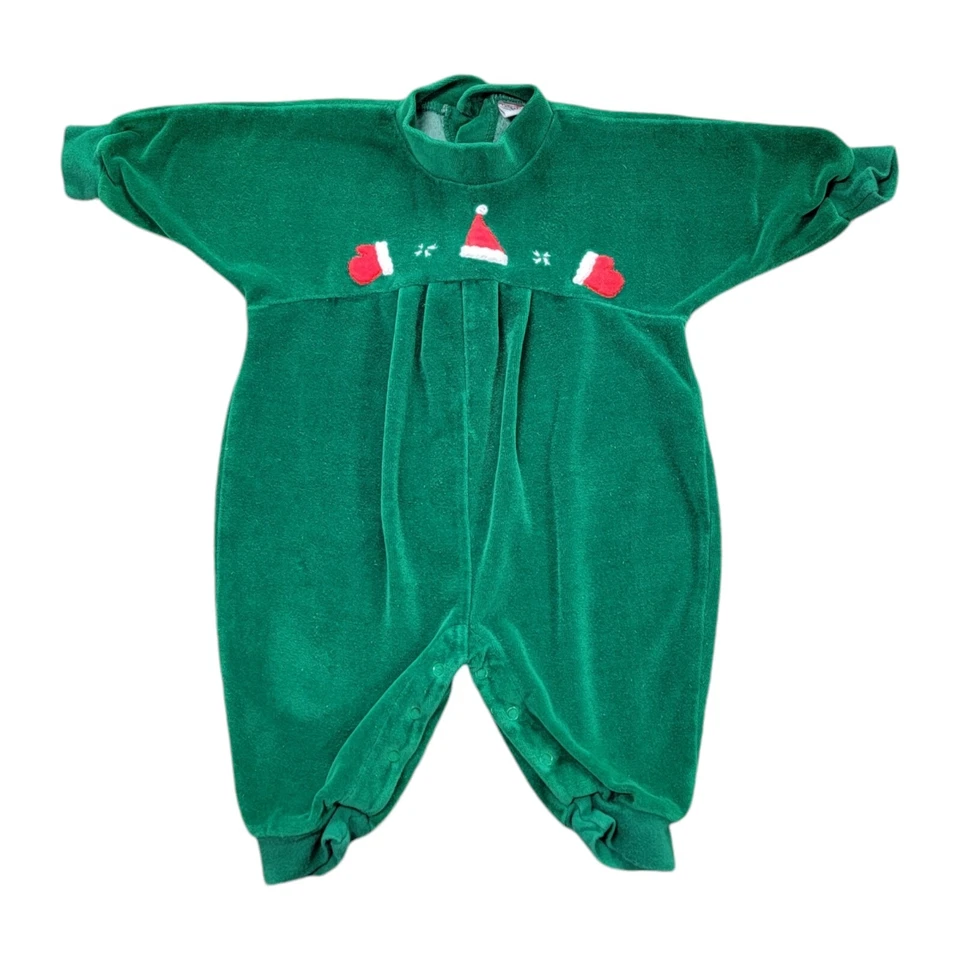 De Colección Talbots Niños Bebé Pijama 6 Meses Terciopelo Navidad Mameluco Verde Papá Noel Sombrero Foto 2 de 4