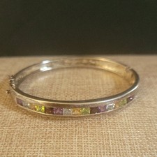 Sterling Silver Multi Gemstone Hinged Bangle Bracelet Size 7 Cottagecore