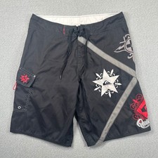 Quiksilver Board Shorts Mens 34 Black Ripstop Graphic Y2K Surf Swim Trunks