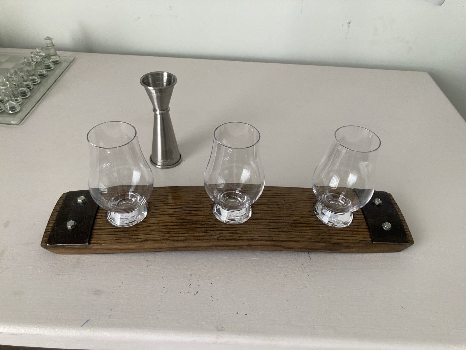 Barrel Stave Bourbon, Scotch Flight Tasting Glencairn 3 Glass Holder Whiskey Jig-image