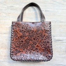 Vintage Tooled Leather Floral Tote Bag Genuine Leather Handbag Boho Cottagecore