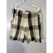 Ocean Pacific Plaid Shorts Mens 34 Green Grey Cream Checkered Flat Front Cotton