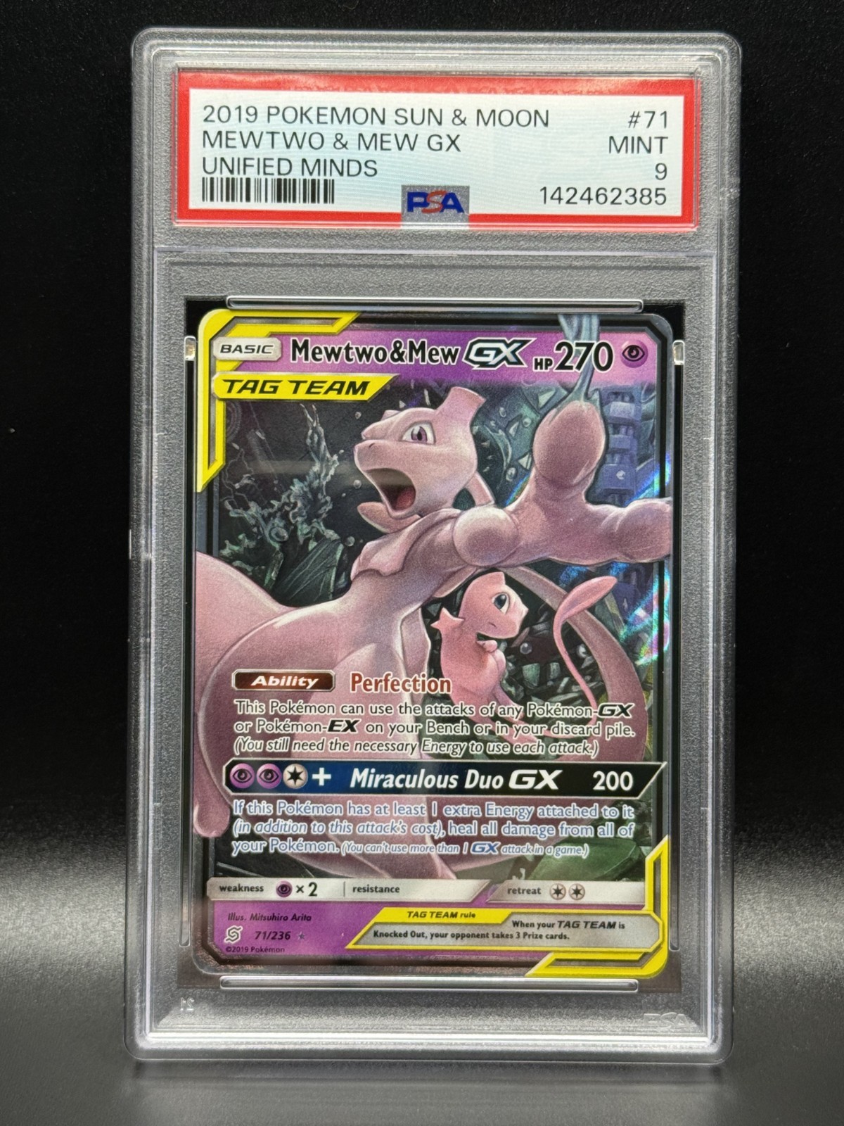 PSA 9 MINT Mewtwo & Mew GX 71 Unified Minds Pokemon Card