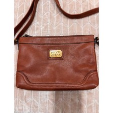 Frye Co Brown Vegan Leather Crossbody Bag Purse Adjustable Strap Gold Logo