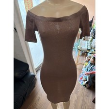 Lette USA Shimmer Off The Shoulder Bodycon Dress Mauve Brown Metallic Mini S