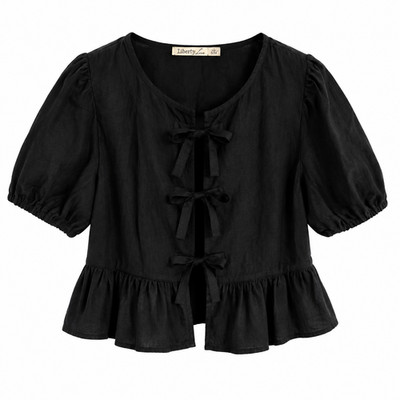 Liberty Love Womens Black Linen Blend Tie Front Puff Sleeve Peplum Blouse Size L