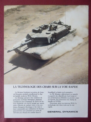 7/1987 PUB GENERAL DYNAMICS CHAR M1A1 ABRAMS MBT TANK TANK ORIGINAL FRENCH AD