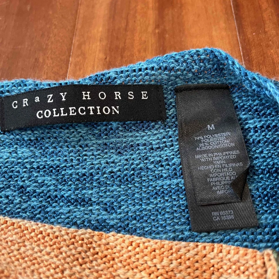 Crazy Horse Blue Multi Sweater Knit Short Sleeve Crew Pullover Colorblock Sz M - Image 2 of 4