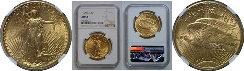1908-S  $20 St. Gaudens  -  NGC. AU-58.