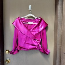 Vintage Eliza J Fuchsia Pink Faux Wrap Satin Wide Collar Blouse 3/4 Sleeve Top