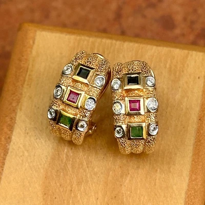 Vintage 14KT Yellow Gold Diamond + Emerald, Sapphire, Ruby Half-Hoop Earrings - Image 1 of 4