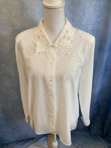 Vtg 80s 90s Compliments Blouse L Sheer White Embroidered Secretary Shoulder Pads
