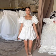 Short Satin Wedding Dresses A-line Square Collar Puffy Sleeves Bridal Dress