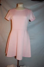 Jr Womens PALE PASTEL PINK S/S SKATER DRESS V-Back w/ Criss Cross Straps L 11-13