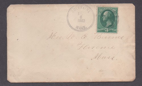 **US 19th Century Cover, SC# 184, Coleraine, MA, 7/6/183 Double Rim CDS, DPO3