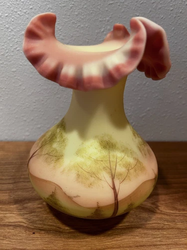 Fenton Burmese Custard Satin Ruffled Vase Uranium Vintage Signed Gloria Finn