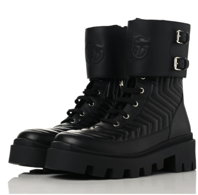 GUCCI Women's GG Black Leather Platform Combat Moto Boot Snake