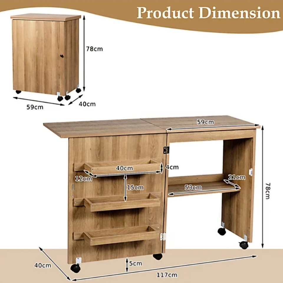 Folding Sewing Table 2 IN 1 Rolling Craft Table Home Office Desk