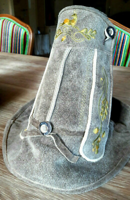 Unique traditional Tyrolean hat from spotty vintage Meindl leather pants beige-yellow