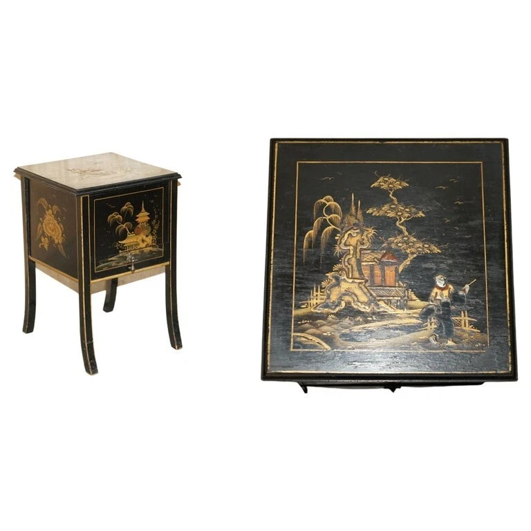 ANTIQUE VICTORIAN CIRCA 1880 CHINESE CHINOISERIE LACQUERED SEWING