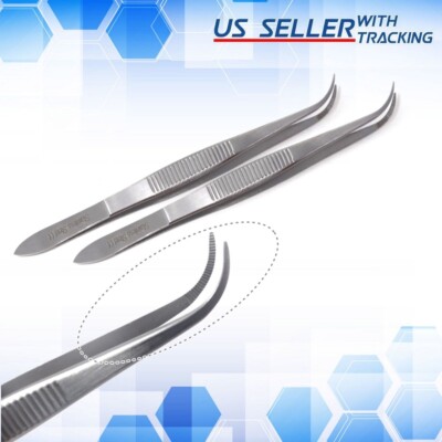 2 Pcs Tweezers Mini Curved Bent Tips 4'' Long Jewelry Hobby Crafts Parts Handling