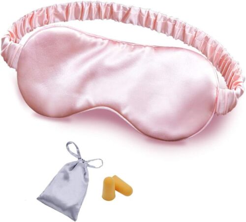 Silk Sleep Mask, 100% Mulberry Silk Eye Cover with Bag & Ear Plugs, Pink