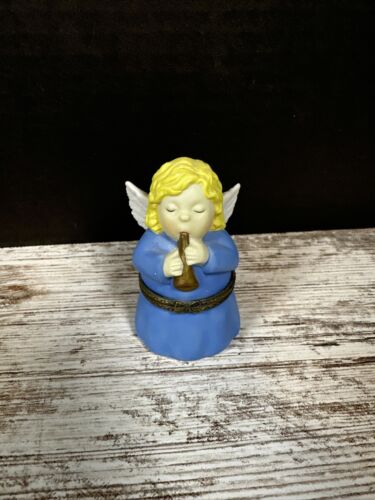 Angel Hinged Porcelain Trinket Box, JCM -Blue Dress, Blonde Hair - 3 inch Height - Picture 2 of 11