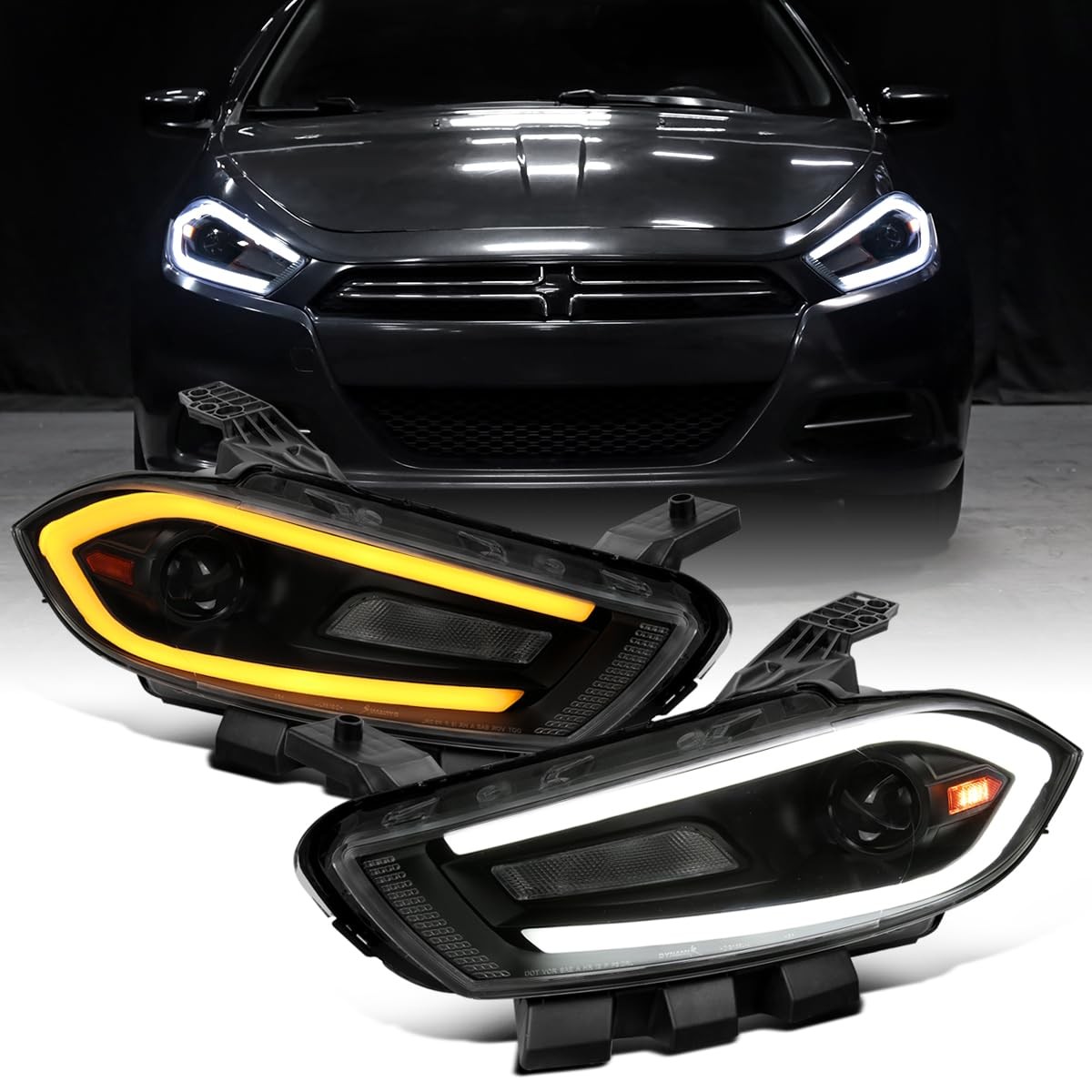 13-16 Dodge Dart Halogen Projector Headlights LED Sequential Pair Black Smoke