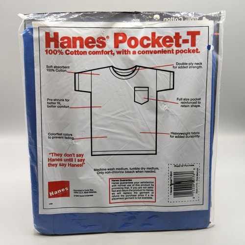 Vintage 1986 HANES 100% Cotton Men's Pocket T-Shirt Medium Blue Sealed - Picture 2 of 3