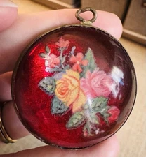 Vintage Horse Bridle Rosette Converted To Pendant Red Floral Glass Domed