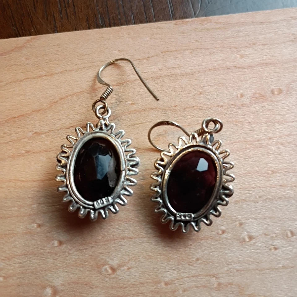 Dark Purple Black 925 Gemstone Pierced Earrings Vintage - Image 3 of 4