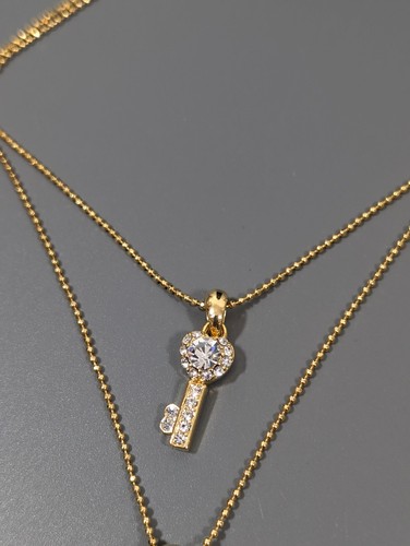 Crystal Pave Puffy Heart Lock Key Layered Gold Tone Necklace Y2K Retro 16" - Picture 5 of 7