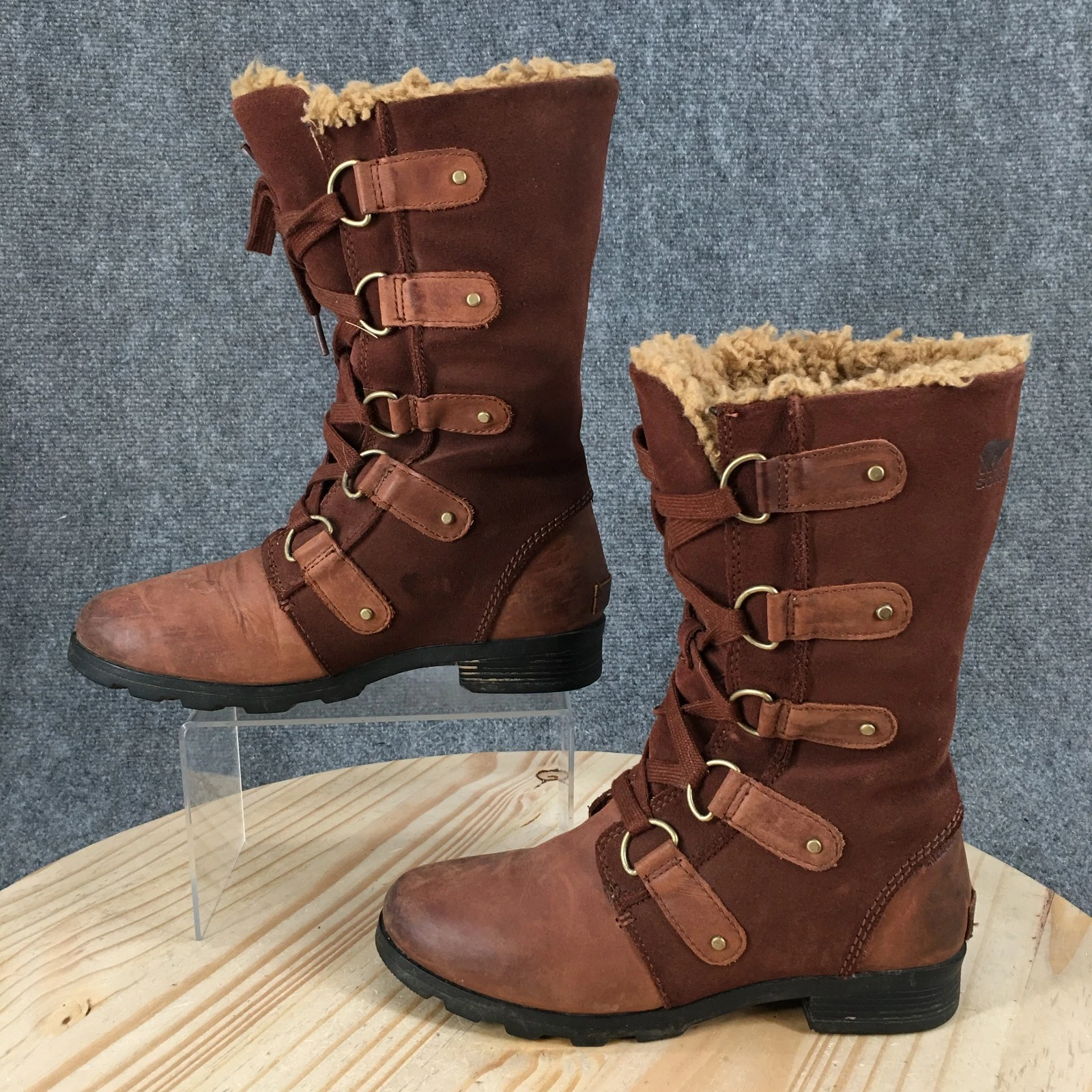 Sorel Emelie Lace Boots Womens 7 Mid Calf Cozy Lined Winter Boot Brown Leather
