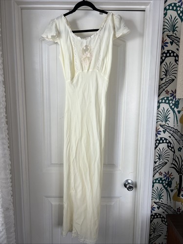 Vtg 30/40s Bias Cut Cap Sleeve Nightgown Maxi Lace Floral Window Embroidery XS/S - Picture 2 of 15