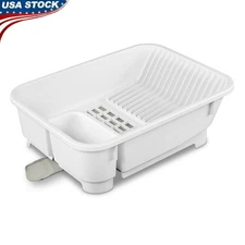 Space-efficient Self-Draining Dish Rack Set W/ Retractable Spout & Cutlery Bin