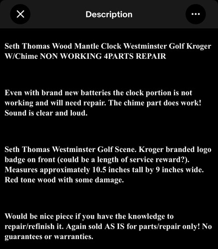 4PARTS Seth Thomas Wood Mantle Clock & Chime Westminster Golf Kroger NEED REPAIR - Picture 17 of 17