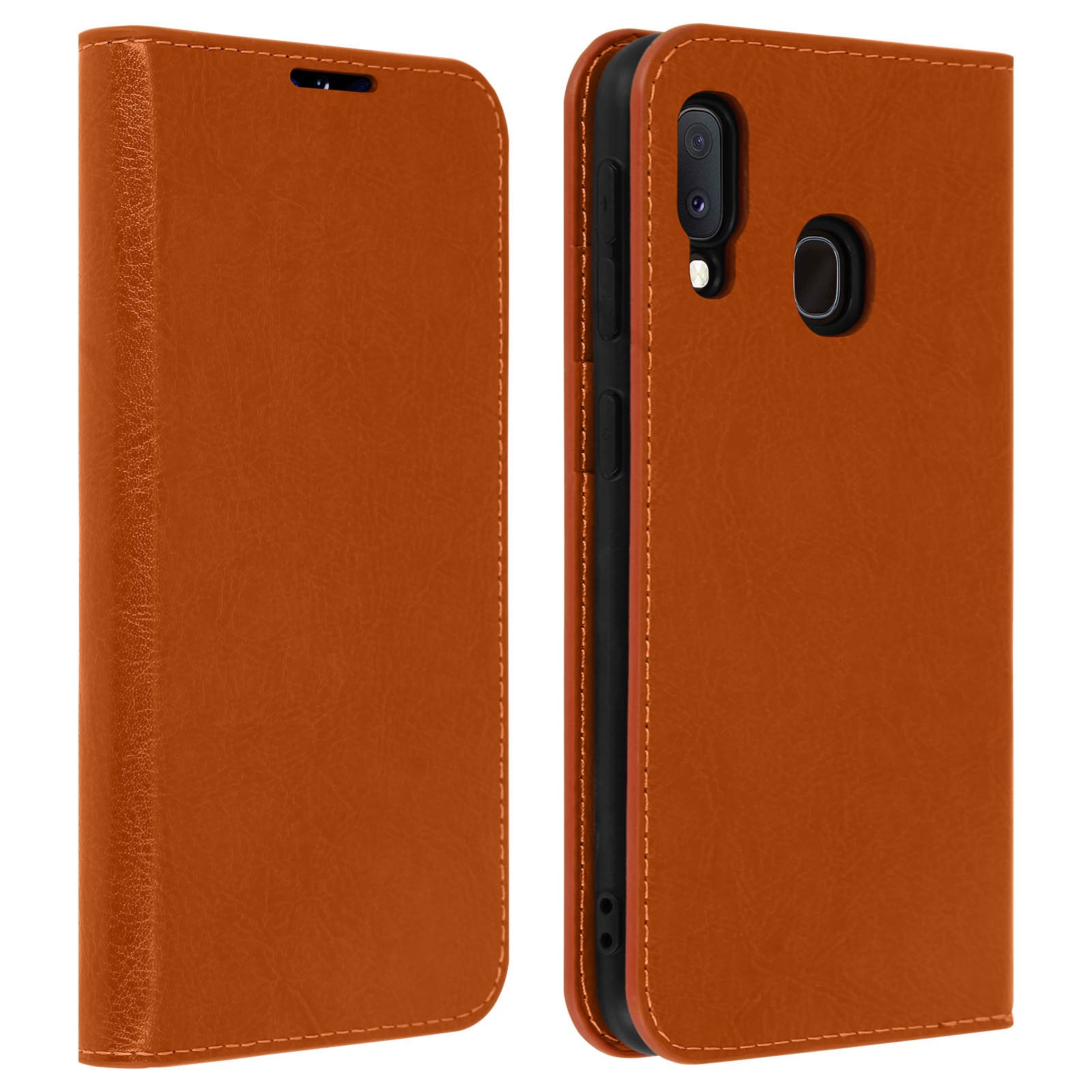 Étui Galaxy A20e avec fentes cartes et support vidéo, clapet en cuir véritable ergonomique