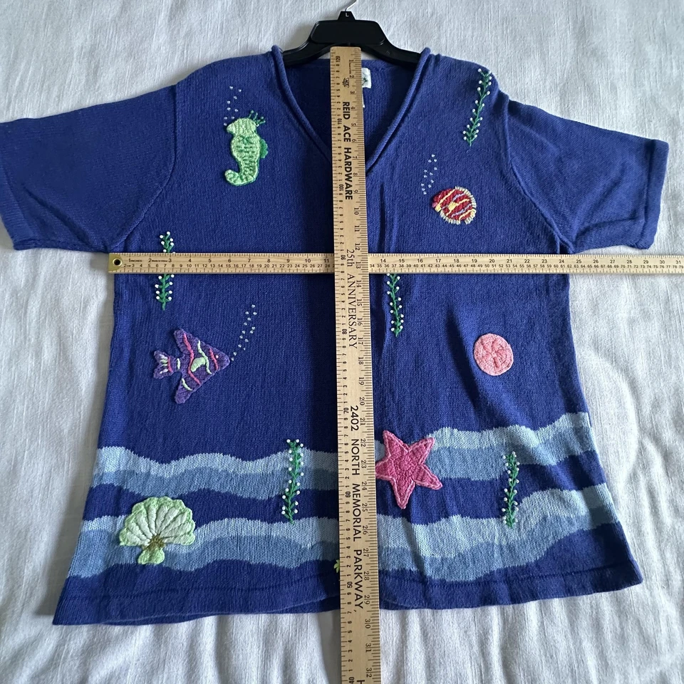 Vtg Quacker Factory Cardigan Sweater Womens 1X Blue Ocean Sea Life Embroidered - Image 3 of 4