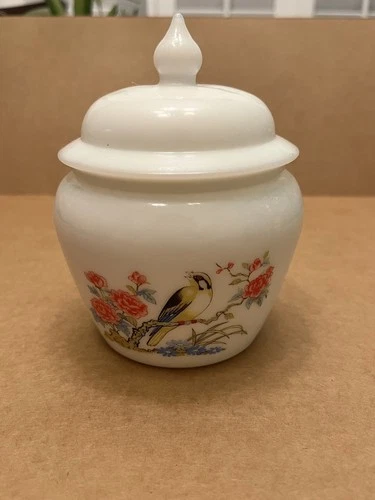 Vintage 1970s Avon Ginger/ Apothecary Jar Milk Glass With Lid Bird And Flowers
