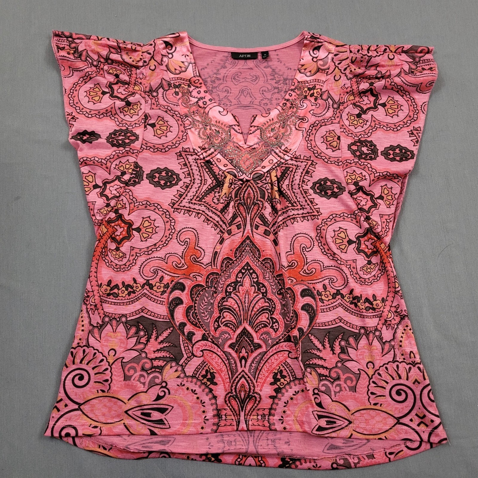 Apt 9 Blouse Womens Medium M Short Dolman Sleeve Pullover Beaded V Neck Pink
