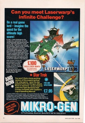 Mikro-Gen Laserwarp & Star Trek Print Ad Sinclair User April 1984