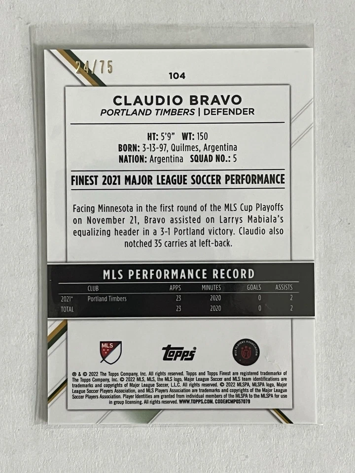 2022 Topps Finest MLS Claudio Bravo #104 Aqua Refractor /75 - Image 2 of 3