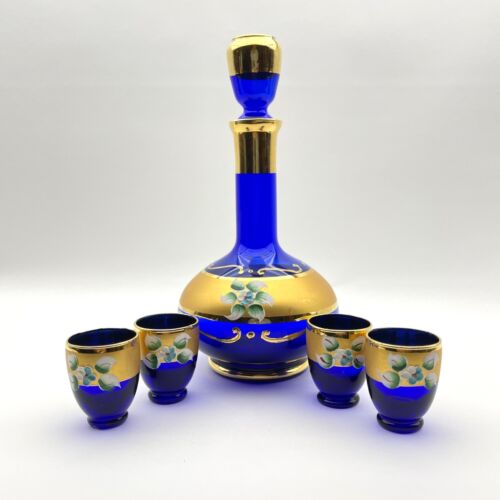 Bohemian Czech Republic Blue & Gold Decanter with 4 Cordials