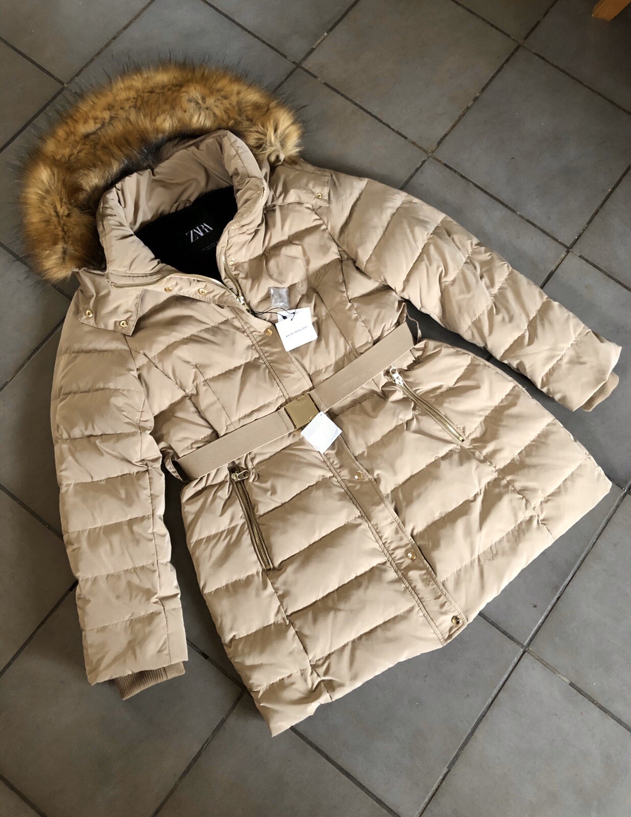 Zara Camel Water Repellent Belted Down Puffer L UK14 Bnwt # P45L image 4