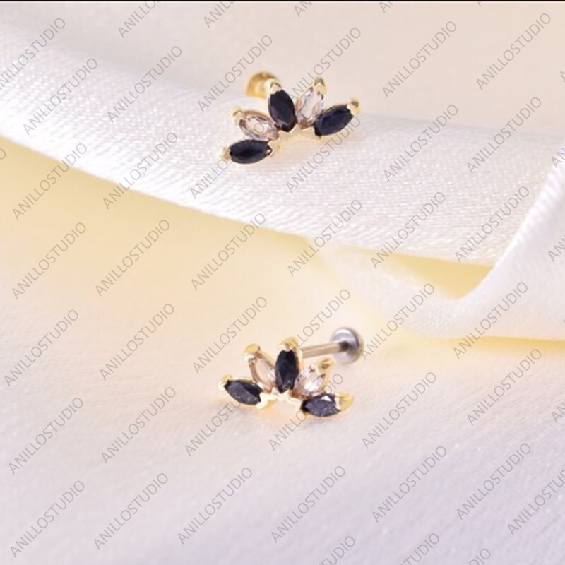 Smoky Quartz Black Sapphire 14K Yellow Gold Crown Daith Piercing,  Helix,Tragus
