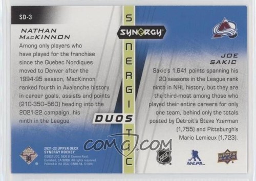 NATHAN MACKINNON JOE SAKIC 2021-22 Synergy Duos Stars Legends Gold /149 #SD-3 - Picture 2 of 2