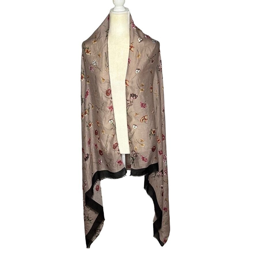 Flower Stem Scarf Mauve Black Border Stripe Oversize Wrap