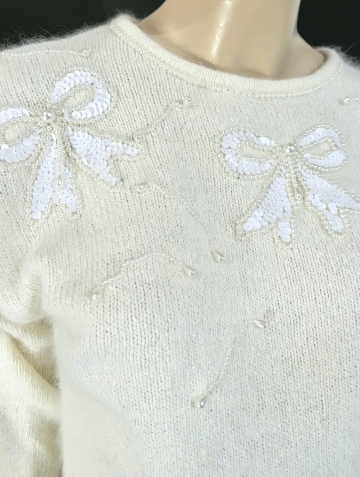 Suéter Vintage Años 80 90 Seda Angora Lana de Cordero Lentejuelas Perla Lazo Cuentas S Foto 3 de 4